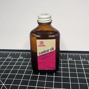 Vintage Squibb Castor Oil Medicine Bottle Amber Glass with Metal lid 1980’s